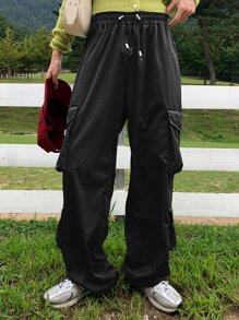 DAZY Drawstring Waist Flap Pocket Cargo Trousers - Black - View 5