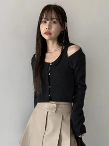 DAZY Cold Shoulder Button Front Tee - Black - View 4