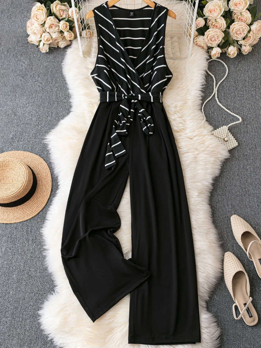 SHEIN LUNE 大碼條紋印花腰帶連身褲 - 黑色 - 查看 1