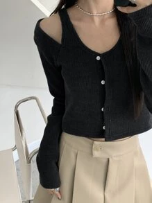 DAZY Cold Shoulder Button Front Tee - Black - View 6