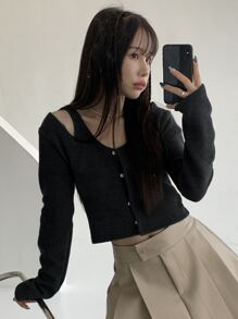 DAZY Cold Shoulder Button Front Tee - Black - View 7