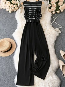 SHEIN LUNE 大碼條紋印花腰帶連身褲 - 黑色 - 查看 2