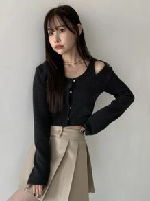 DAZY Cold Shoulder Button Front Tee - Black - View 8