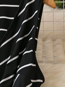 SHEIN LUNE 大碼條紋印花腰帶連身褲 - 黑色 - 查看 4