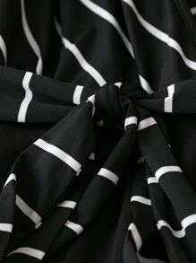 SHEIN LUNE 大碼條紋印花腰帶連身褲 - 黑色 - 查看 6