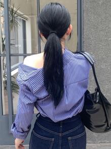 DAZY Striped Print Button Front Shirt,Fall Clothes Long Sleeve Top - Blue - View 2