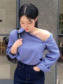 DAZY Striped Print Button Front Shirt,Fall Clothes Long Sleeve Top - Blue - View 4