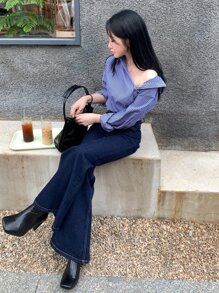 DAZY Striped Print Button Front Shirt,Fall Clothes Long Sleeve Top - Blue - View 5