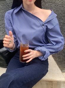 DAZY Striped Print Button Front Shirt,Fall Clothes Long Sleeve Top - Blue - View 8