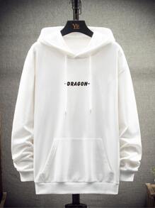 Manfinity Men Slogan & Chinese Dragon Graphic Kangaroo Pocket Drawstring Hoodie - White - View 2