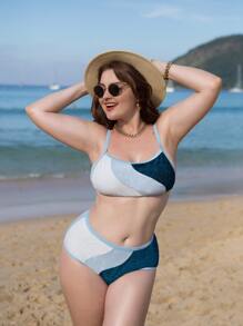 Bikinx Plus Size Color Block Bộ bikini cạp cao đi biển mùa hè - Màu xanh lam - Xem 1