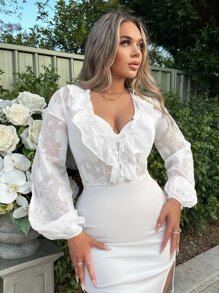 SHEIN SXY 提花荷葉邊燈籠袖雪紡連體衣