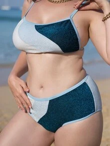 Bikinx Plus Size Color Block Bộ bikini cạp cao đi biển mùa hè - Màu xanh lam - Xem 5