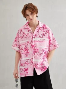 Men Tropical Print Drop Shoulder Shirt - Baby Pink - View 1