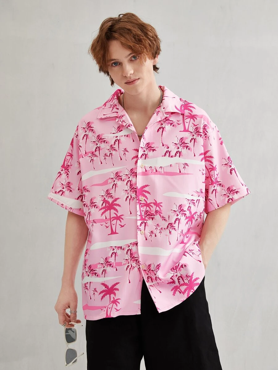 Men Tropical Print Drop Shoulder Shirt - Baby Pink - View 1