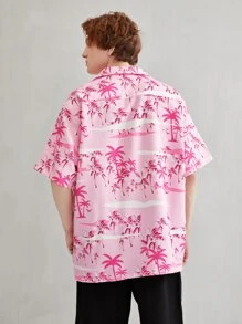 Men Tropical Print Drop Shoulder Shirt - Baby Pink - View 2