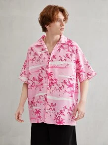 Men Tropical Print Drop Shoulder Shirt - Baby Pink - View 3