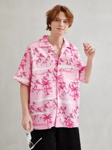 Men Tropical Print Drop Shoulder Shirt - Baby Pink - View 4