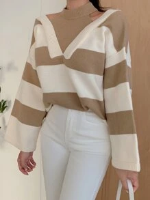 DAZY 顏色塊落肩2合1毛衣 - 卡其色 - 查看 4