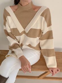 DAZY 顏色塊落肩2合1毛衣 - 卡其色 - 查看 5