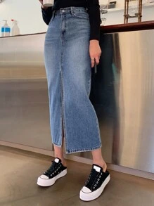 DAZY High Waist Split Thigh Denim Skirt Jeans Skirt - Dark Wash - View 3