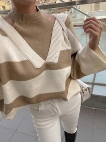 DAZY 顏色塊落肩2合1毛衣 - 卡其色 - 查看 8