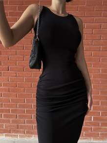 DAZY Solid Ruched Tank Bodycon Dress Sundress,Casual Women Dresses