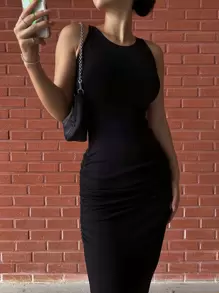 DAZY Solid Ruched Tank Bodycon Dress Sundress,Casual Women Dresses