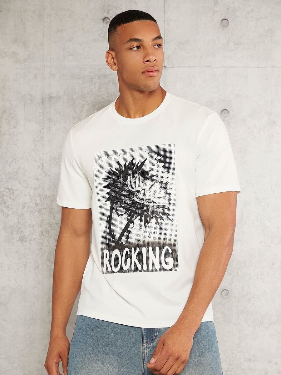 Manfinity RelaxMax Hombres Camiseta tropical & con estampado de letra - Blanco - Ver 1