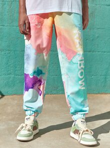 ROMWE MEN Guys Ombre Letter Bear Graphic Pants - Multicolor - View 1