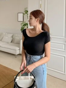 DAZY Solid Scoop Neck Tee - Black - View 7