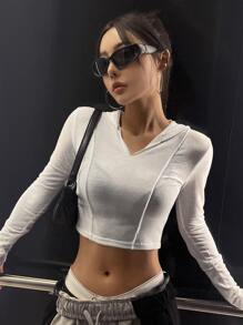 DAZY Solid Crop Hooded Sweatshirt - White - View 3