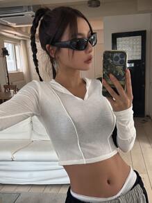 DAZY Solid Crop Hooded Sweatshirt - White - View 5