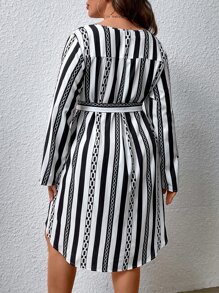 Calvaya Vestido con cinturón con estampado geométrico de rayas de manga farol - Blanco y Negro - Ver 2