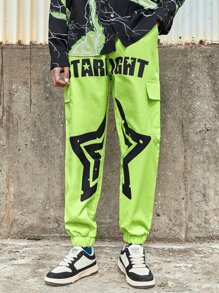 ROMWE MEN Guys Star Letter Graphic Flap Pocket Cargo Pants - Lime Green - View 1
