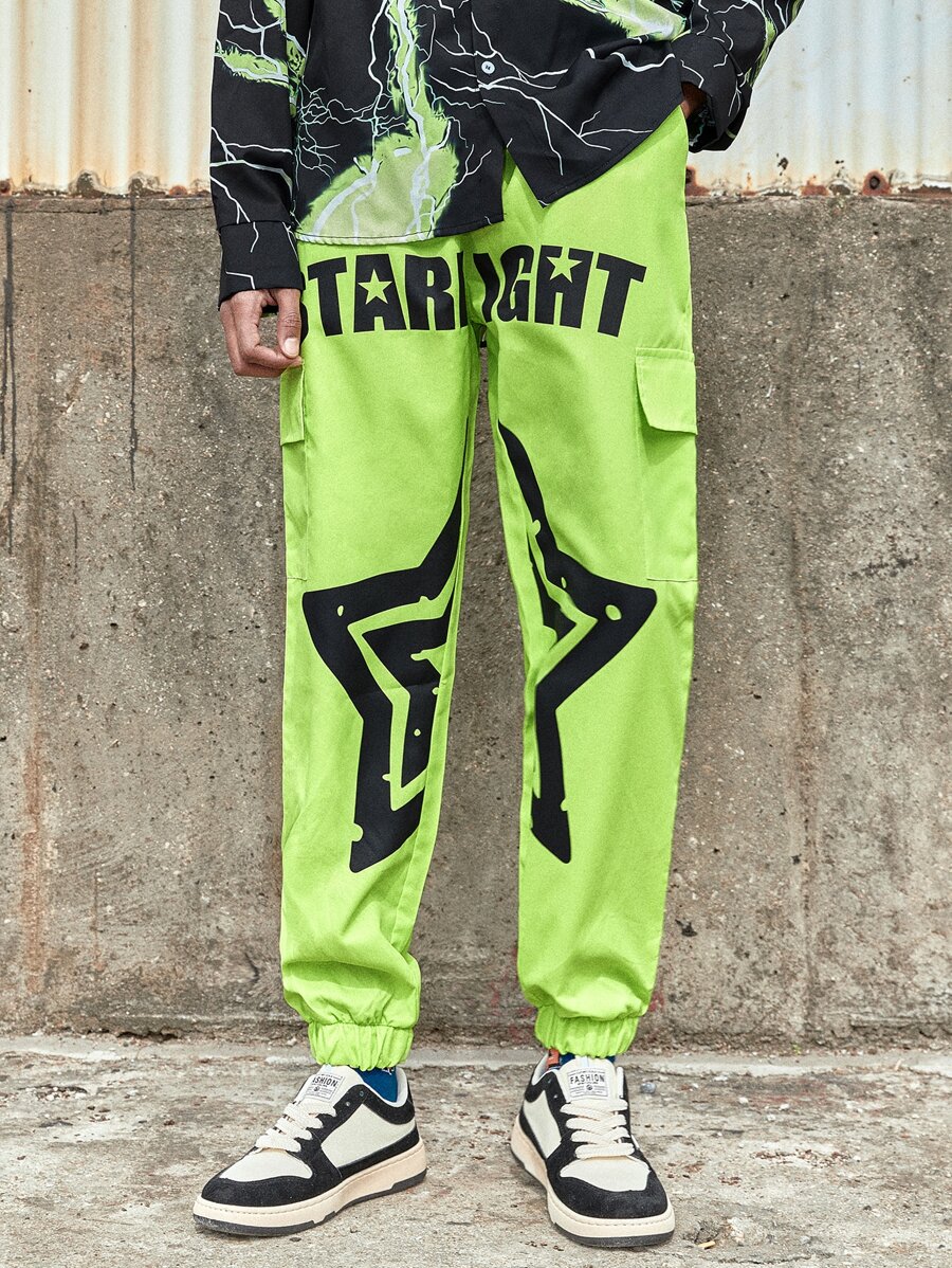 ROMWE MEN Guys Star Letter Graphic Flap Pocket Cargo Pants - Lime Green - View 1