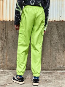 ROMWE MEN Guys Star Letter Graphic Flap Pocket Cargo Pants - Lime Green - View 2