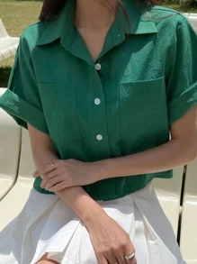 DAZY Dual Pocket Button Front Sleeve Shirt - Green - View 3