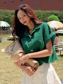 DAZY Dual Pocket Button Front Sleeve Shirt - Green - View 1