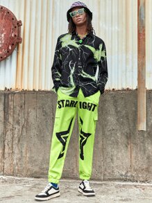 ROMWE MEN Guys Star Letter Graphic Flap Pocket Cargo Pants - Lime Green - View 6