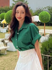 DAZY Dual Pocket Button Front Sleeve Shirt - Green - View 5