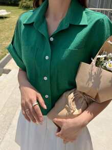 DAZY Dual Pocket Button Front Sleeve Shirt - Green - View 6