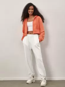 SHEIN BASICS Solid Zip Up Hooded Sweatshirt - Orange - View 1