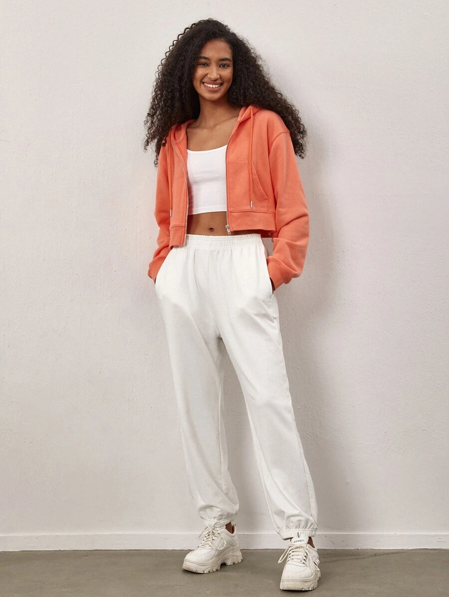 SHEIN BASICS Solid Zip Up Hooded Sweatshirt - Orange - View 1