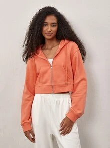 SHEIN BASICS Solid Zip Up Hooded Sweatshirt - Orange - View 3