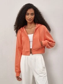 SHEIN BASICS Solid Zip Up Hooded Sweatshirt - Orange - View 4