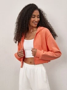 SHEIN BASICS Solid Zip Up Hooded Sweatshirt - Orange - View 5