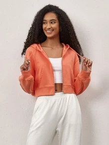 SHEIN BASICS Solid Zip Up Hooded Sweatshirt - Orange - View 6