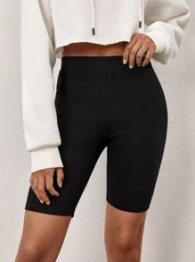SHEIN BASICS Cotton Solid Elastic Waist Cycling Shorts - Black - View 3