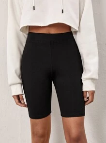 SHEIN BASICS Cotton Solid Elastic Waist Cycling Shorts - Black - View 5
